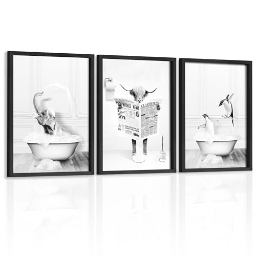 Heiple Set of 3 Framed Bathroom Wall Art Funny Penguin Cow Elephant for Funny Bathroom Wall Decor Hanging Farmhouse Home Bathroom Decor Sets Vintage Humor Animals Wall Art Bathroom 0 belly baby and beyond