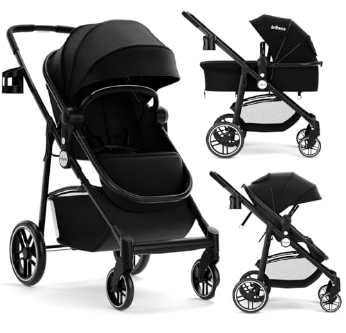 INFANS 2 in 1 Baby Stroller High Landscape Infant Stroller Reversible Bassinet Pram Foldable Pushchair with Adjustable Canopy Storage Basket Cup Holder Suspension Wheels Black 0 belly baby and beyond