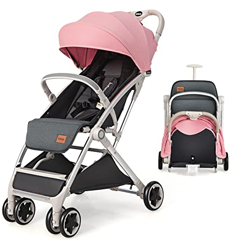 INFANS Lightweight Baby Stroller Compact Stroller with One Hand Fold Travel Stroller for Airplane with Cup Holder 5 Point Harness Foot Cover Canopy Infant Stroller for 0 36 Month Pink 0 belly baby and beyond