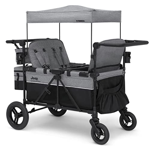 Jeep Wrangler Deluxe 4 Seater Stroller Wagon by Delta Children Premium Quad Stroller Wagon for 4 Kids with Convertible Seats Adjustable PushPull Handles Removable Canopy Flat Fold Grey 0 belly baby and beyond