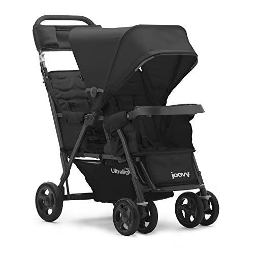 Joovy Caboose Too Ultralight Graphite Stand On Double Stroller with Universal Car Seat Adapter 3 Way Reclining Seats Option to Use Rear Seat Bench Seat or Standing Platform 0 belly baby and beyond