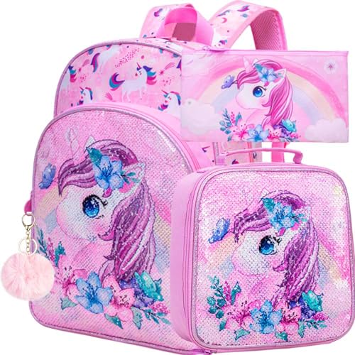 KLFVB 3PCS Unicorn Mermaid Backpack for Girls 16 Sequin Kids Bookbag and Lunch Box Preschool Backpacks for Elementary 0 belly baby and beyond