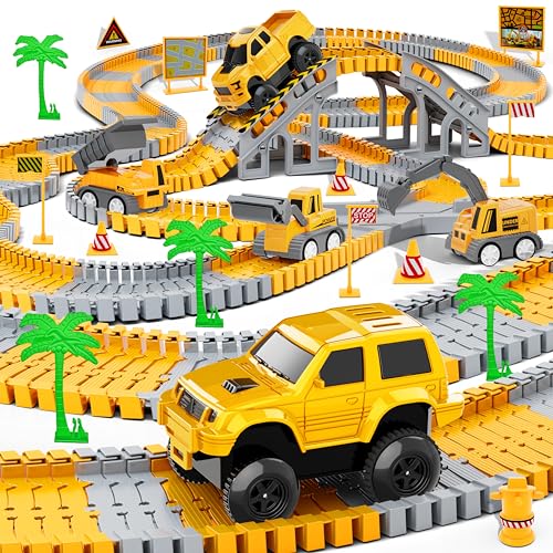 Kids Toys 253 PCS Construction Race Tracks Toy for 3 4 5 6 7 8 Year Old Boys Girls 5 PCS Construction Truck Car and Flexible Track Play Set Create A Engineering Road Games Toddler Toys Birthday Gifts 0 belly baby and beyond