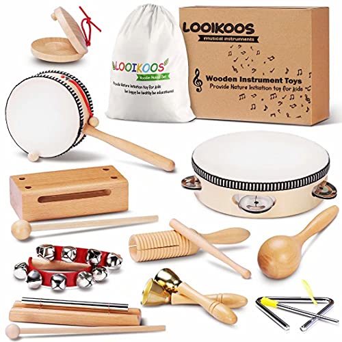 LOOIKOOS Toddler Musical Instruments Natural Wooden Percussion Instruments Toy for Kids Preschool Educational Musical Toys Set for Boys and Girls with Storage Bag 0 belly baby and beyond