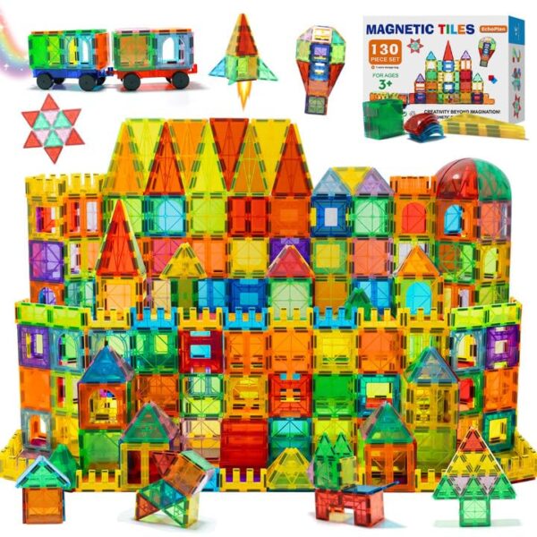 Magnetic Tiles 130PCS Magnetic Blocks with 2 Cars Magnet Tiles 3D Clear Building Blocks Set STEM Sensory Educational Toys Gift for Toddlers Kids Boys 3 4 5 6 7 8 9 Year Old 0 belly baby and beyond