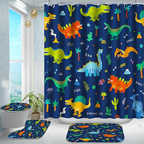 Poedist 4 Pcs Bathroom Shower Curtain SetKids Bathroom Curtain Sets with RugsBath MatU Shape and Toilet Lid Cover Mat and 12 HooksDark Blue Cartoon Dinosaur 0 belly baby and beyond