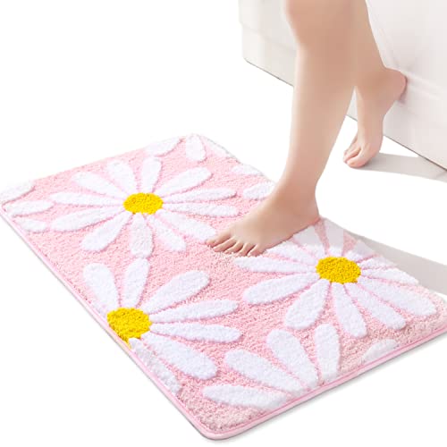 QJHOMO Pink Bathroom Rugs Cute Daisy Bath Mat White and Yellow Flower Decor Rug Non Slip Floor Carpet Microfiber Bathmat Super Absorbent Machine Washable Bathtub Mats for Shower 16x24 inch 0 belly baby and beyond