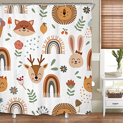 Riyidecor Kids Baby Woodland Boho Shower Curtain for Bathroom Accessories 60Wx72H Inch Cartoon Cute Funny Animals Colorful Flowers Rainbow Children Fabric Bathroom Decor 12 Pack Plastic Hooks 0 belly baby and beyond