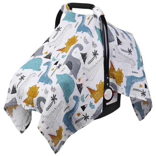 Rquite Car Seat Cover Baby Carseat Covers Baby for Girl Boy Muslin Cotton Infant Car Seat Cover Lightweight Car Seat Canopy Breathable Baby Carrier Cover Summer Stroller Sun Shade Dinosaurs 0 belly baby and beyond