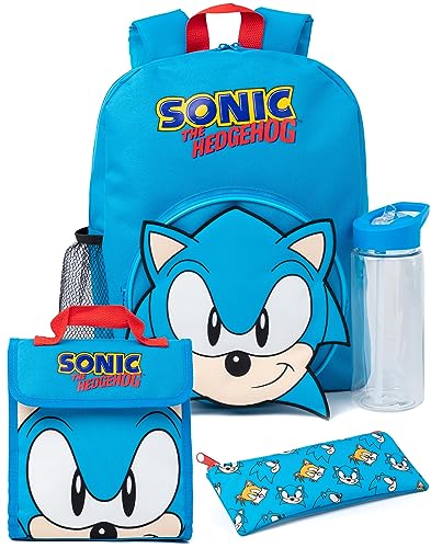 Sonic The Hedgehog Boys Backpack Set Kids 4 Piece Blue Rucksack Set with School Bag Pencil Case Lunch Bag Water Bottle Sonic Gamer Complete Matching Bundle Back to School Gifts for Children 0 belly baby and beyond