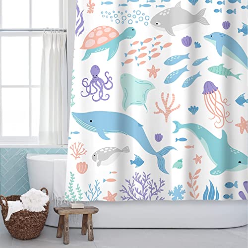 Sunlit Lovely Cartoon Pastel Colors Aquarium Baby Shower Curtain Ocean Creatures Light Blue Fabric Shower Curtain for Kids Turtle Dolphins and Fishes Coral Bathroom Decor Curtain for Children 0 belly baby and beyond