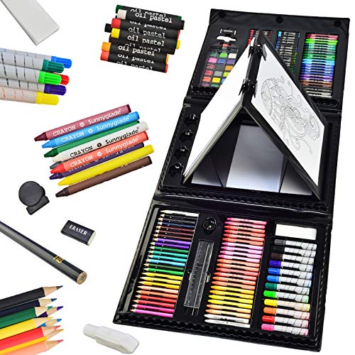 Sunnyglade 185 Pieces Double Sided Trifold Easel Art Set Drawing Art Box with Oil Pastels Crayons Colored Pencils Markers Paint Brush Watercolor Cakes Sketch Pad 0 belly baby and beyond