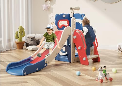 Toddler Slide 6 in 1 Kids Indoor Slide for Toddlers 1 3 Baby Slide for Indoor Outdoor with Basketball Hoop and Telescope L Shaped Slide for Kids Toddler Slide Playset BlueRed 0 belly baby and beyond