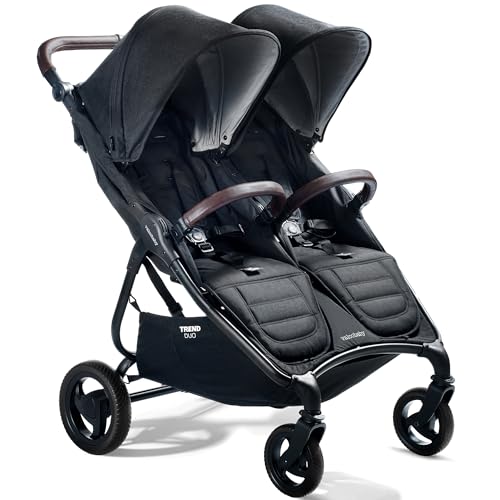 Valco Baby Trend Duo Light Weight Side by Side Double Stroller 2023 Night Black Easy and Compact fold Multi Position Recline Large Canopy independent twin vents and more Luxurious Twin Pram 0 belly baby and beyond