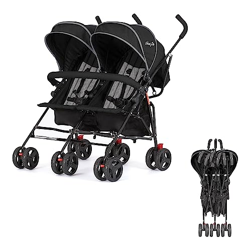 Volgo Twin Umbrella Stroller in Black Lightweight Double Stroller for Infant Toddler Compact Easy Fold Large Storage Basket Large and Adjustable Canopy 0 belly baby and beyond