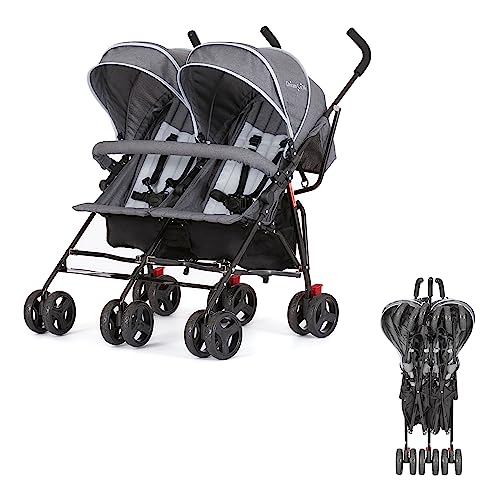 Volgo Twin Umbrella Stroller in Gray Lightweight Double Stroller for Infant Toddler Compact Easy Fold Large Storage Basket Large and Adjustable Canopy 0 belly baby and beyond