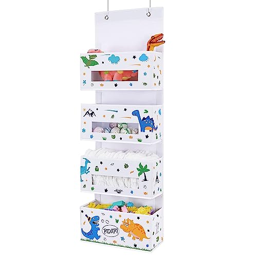 WERNNSAI Dinosaur Over Door Hanging Organizer Behind Door Storage with 4 Clear Window Pockets for Baby Boys Room Organization Toy Diaper Closet Pantry Bedroom Bathroom Nursery Decor 0 belly baby and beyond