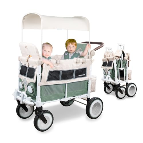 WONDERFOLD Volkswagen Double Stroller Wagon 2 Seater Foldable Wagon Stroller with Classic VW Bumper Headlights and Retro All Terrain XL Wheels Sage Green 0 belly baby and beyond