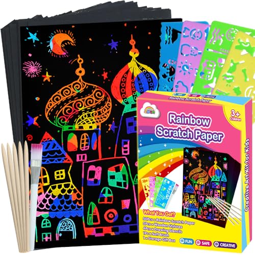 ZMLM Scratch Paper Art Set 60 Pcs Rainbow Magic Scratch Paper for Kids Black Scratch Off Art Crafts Kits Notes with 5 Wooden Stylus for Girls Boys Toy Halloween Party Game Christmas Birthday Gift 0 belly baby and beyond