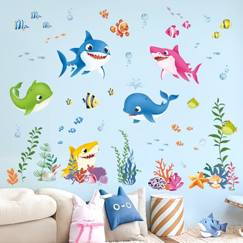 decalmile Under The Sea Fish Wall Decals Baby Shower Sharks Seaweed Ocean Wall Stickers Kids Bedroom Nursery Bathroom Wall Decor 0 belly baby and beyond
