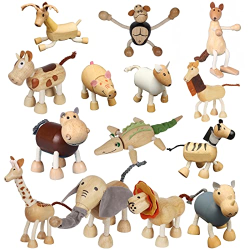 14 Pack Bendable Wooden Animal Figurines Toys Smooth Natural Wood Zoo Farm Jungle Safari Animals Figures Toys Preschool Learning Education Toys for Toddlers Kids 0 belly baby and beyond
