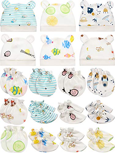 18 Pieces Newborn Cap Mitten Sock Including 6 Pieces Newborn Hats 6 Pairs Baby No Scratch Mittens Gloves and 6 Pairs Infant Socks for 0 6 Months Unisex Baby Boys Girls Set Multicoloured 0 belly baby and beyond