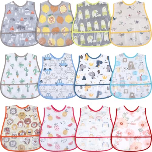 24 Pcs Baby Waterproof Bibs with Food Catcher Adjustable Snaps Plastic Feeding Bibs for Toddlers 6 to 36 Months 0 belly baby and beyond
