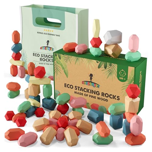 36 Pcs Wooden Stacking Blocks Montessori Toys for 1 2 3 4 5 6 Year Old Toddlers and Kids XL Rocks No Choking Hazard Sensory STEM Building Stones Girl or Boy Birthday Gifts 0 belly baby and beyond