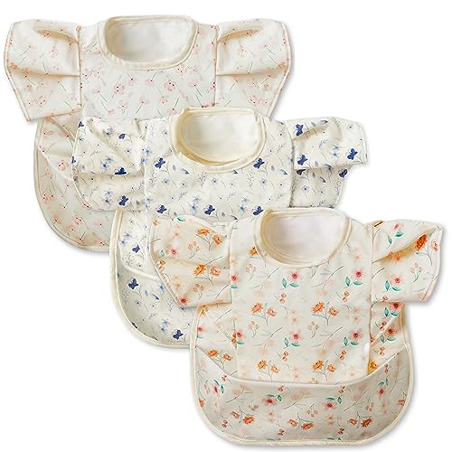 3pcs Mess Proof Baby Apron for Feeding Eating Food Bibs with Catcher Floral Adjustable Waterproof Apron Mess Proof Bibs for Babies Toddlers Girls Boys Infants Newborns Birthday Gifts 0 belly baby and beyond