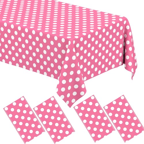 4 Packs Minnie Mouse Table Cloths Pink Polka Dot Tablecloth Disposable Plastic Pink Waterproof Picnic Table Covers Pink and White Dots Minnie Tablecover for Birthday Party 54 x 108 Inch 0 belly baby and beyond