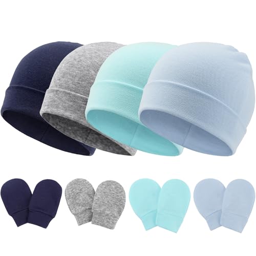 4 Pcs Newborn Baby Hats and Mittens Infant Cotton Beanie Gloves Set Newborn Hospital Hat for Baby Girls 0 6 Months 0 belly baby and beyond