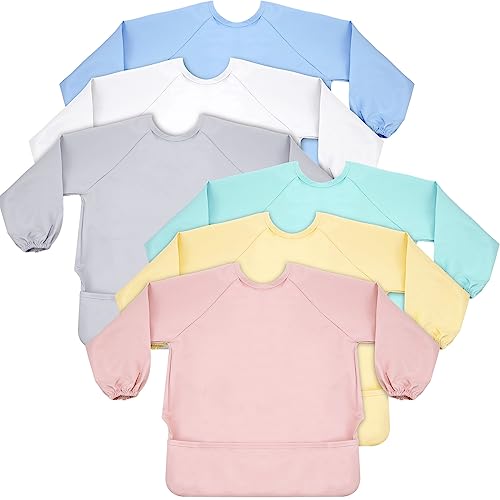 6 Pack Long Sleeve Baby Bibs Mess Proof Bib Washable Feeding Bib Waterproof Smock Bib for Infant Toddler 6 24 Months 0 belly baby and beyond
