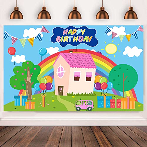 7x5ft Pig Backdrop for Birthday Party Decoration Cartoon House Blue Sky Rainbow Photography Background Pig Theme Baby Shower Kids Birthday Cake Table Booth Banner Portrait Photo Studio Props 0 belly baby and beyond