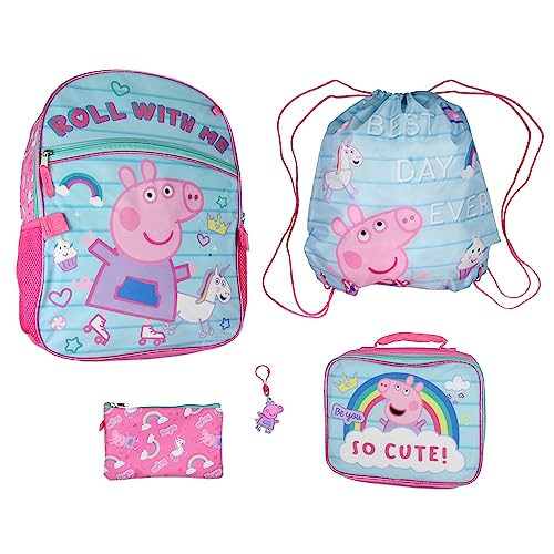 AI ACCESSORY INNOVATIONS Peppa Pig Backpack Kids School Travel Backpack Set With Lunch Box Drawstring Bag Pencil Case and Rubber Molded Keychain 0 belly baby and beyond