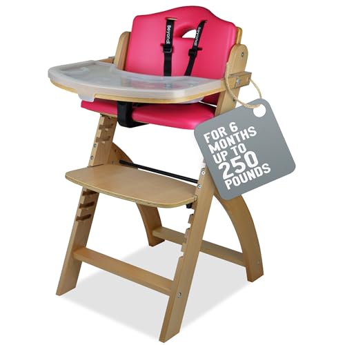 Abiie Beyond Junior Wooden High Chair with Tray The Perfect Adjustable Baby Highchair Solution for Your Babies and Toddlers or as a Dining Chair 6 Months up to 250 Lb Natural WoodPink Cushion 0 belly baby and beyond