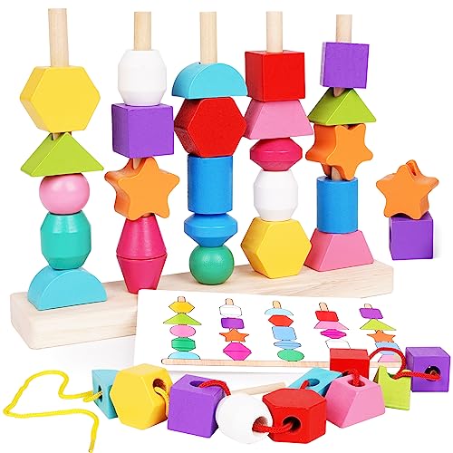 Agirlgle Wooden Matching Shapes Colors Sorter Stacking Toy Lacing BeadsMontessori Toys Bead Sequencing Toy Set STEM Preschool Learning Sorting recognition Toys Stacking Blocks 0 belly baby and beyond