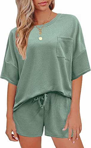 Andeip Pajamas Womens Waffle Knit Lounge Set Short Sleeve Top and Shorts 2 Piece Loungewear Outfits Pj Sets with Pockets 0 belly baby and beyond