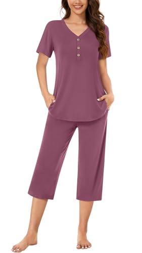 Anyally Womens Pajama Set Plus Size Short Sleeve Top and Capri Pants 2 Piece Lounge Sets Summer Ladies Pjs Sets with Pockets 0 belly baby and beyond