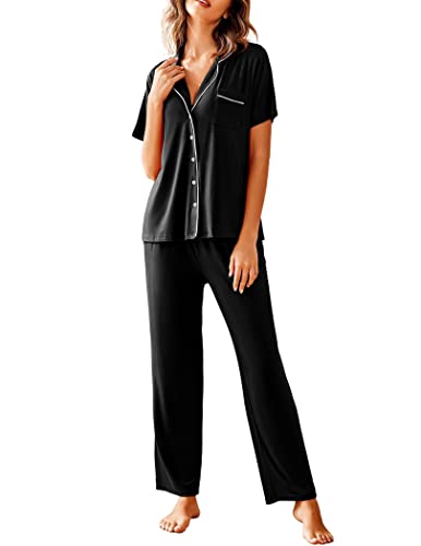 Avidlove Women Pajamas Set Notch Collar Soft Sleepwear Pjs Short Sleeve Button Down Nightwear with Long Pants 0 belly baby and beyond