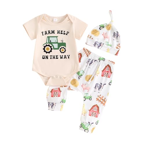 Ayalinggo Baby Boys 3Pcs Farm Clothes Short Sleeve Tractor Print Romper Pants Hat Set Newborn Clothes 0 belly baby and beyond