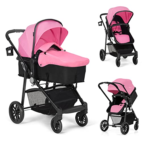 BABY JOY Baby Stroller 2 in 1 Convertible Carriage Bassinet to Stroller Pushchair with Foot Cover Cup Holder Large Storage Space Wheels Suspension 5 Point Harness Pink 0 belly baby and beyond