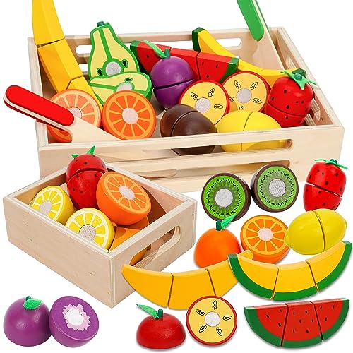 BAODLON Wooden Cutting Fruit Set Wooden Play Food Toys for Kids Kitchen Multi Pretend Play Food Kitchen Accessory with 2 Trays Play Fake Fruit Toys Birthday Gifts for 3 4 Years Toddler Girl Boy 0 belly baby and beyond