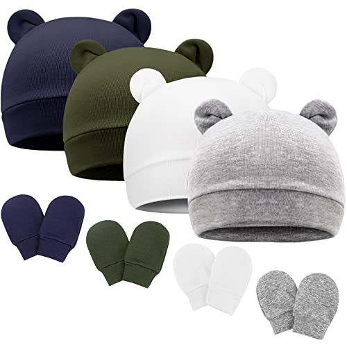 BQUBO Newborn Baby Bear Ears Hats and Mittens Sets Preemie Cotton Caps Baby Boy Girl Infant Hospital Beanie 0 belly baby and beyond