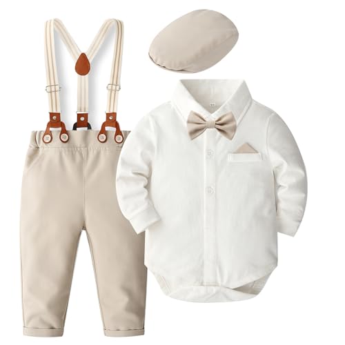 Baby Boy Dress Suit Clothes Sets Infant Tuxedo Gentleman Suits Outfits Bowtie Shirt Suspenders Pants Beret Hat 0 24M 0 belly baby and beyond