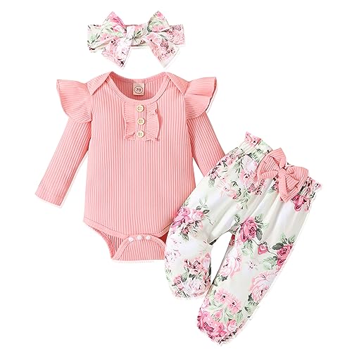 Baby Girl Clothes Newborn Infant Outfits Ruffle Romper Floral Pants Cute Headband Sets for Girls 0 belly baby and beyond