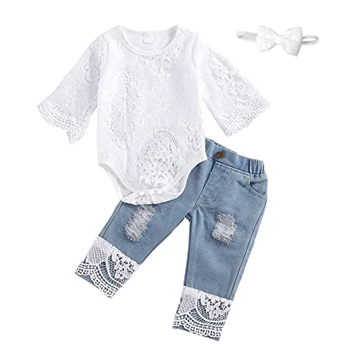 Baby Girl Clothes Set Lace Ruffle Romper Flare Denim Jean Pants and Headband 3Pcs Set Newborn Infant Outfits Set 0 belly baby and beyond