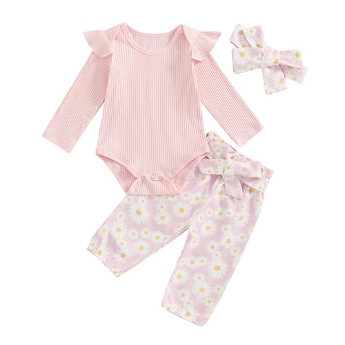 Baby Girl Fall Outfits Long Sleeve Ruffled Ribbed Knit Romper Daisy Print Pants Winter Clothes 3 6 9 12 18 Months 0 belly baby and beyond
