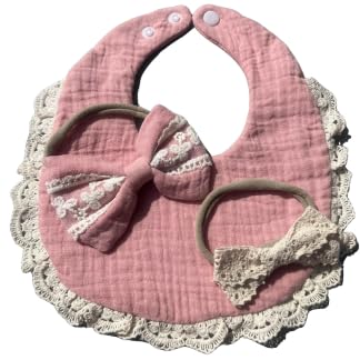 Baby Girl Gift Set Muslin BoHo Bib with Lace and Matching Bows Absorbent Cotton Adjustable Bib for Newborn Infant Toddler 0 belly baby and beyond