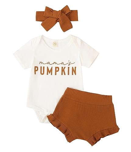 Baby Girl Halloween Outfit Pumpkin RomperRuffle Shorts SetHeadband Newborn Fall Clothes Thanksgiving Clothing 0 belly baby and beyond
