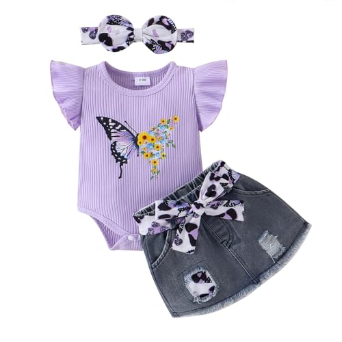 Baby Girl Summer Clothes Cute Butterfly Printed Romper Denim Skirt Headband 3 pcs Shorts set 0 18 Months 0 belly baby and beyond
